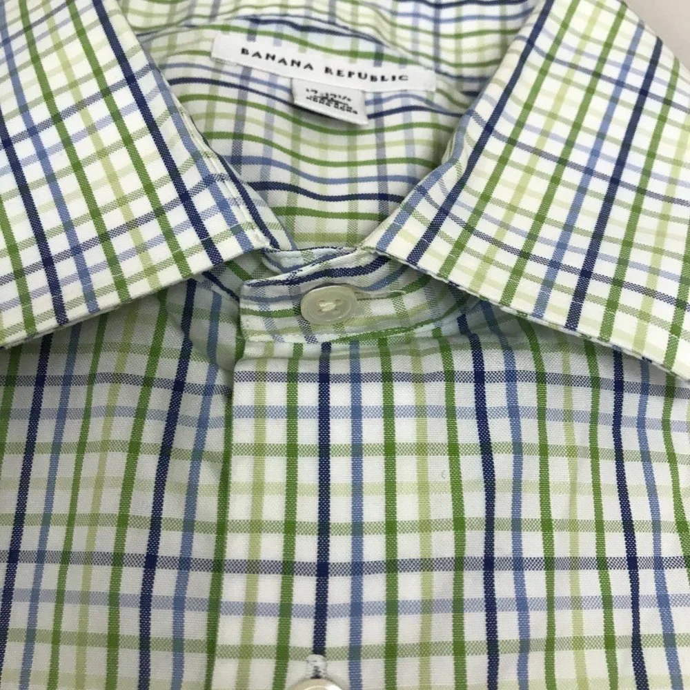 Banana Republic blue green white check plaid classic fit shirt XL 17 17.5